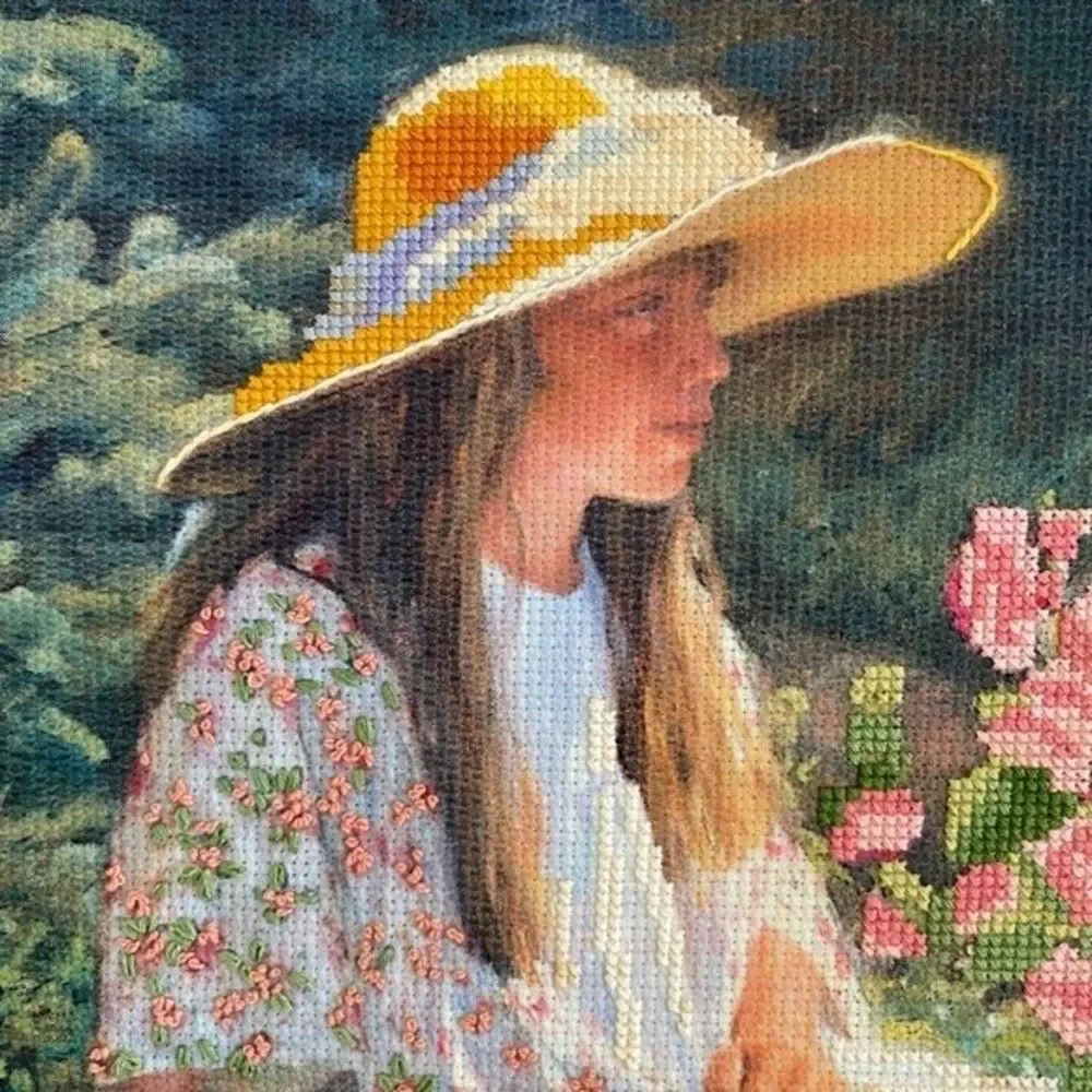 Cross Stitch Framed Wall Hanging Crewel Signed Bright Colorful Floral 18